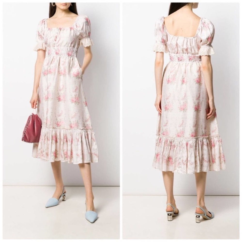 LoveShackFancy Terrence Women's Floral-Print Ruffled Silk Dress size XS